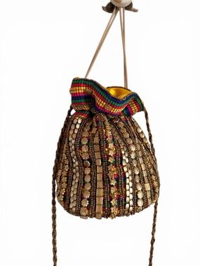 Vintage satin Embellished Gold Beaded Drawstring bucket Bag with Multicolor Trim